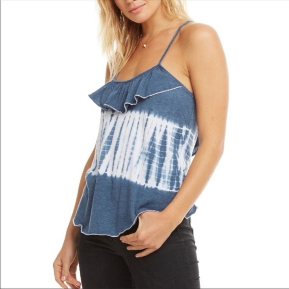 NWT Chaser Blue/White Tie Dye Ruffle Criss Cross Straps Cami Tank Large Summer